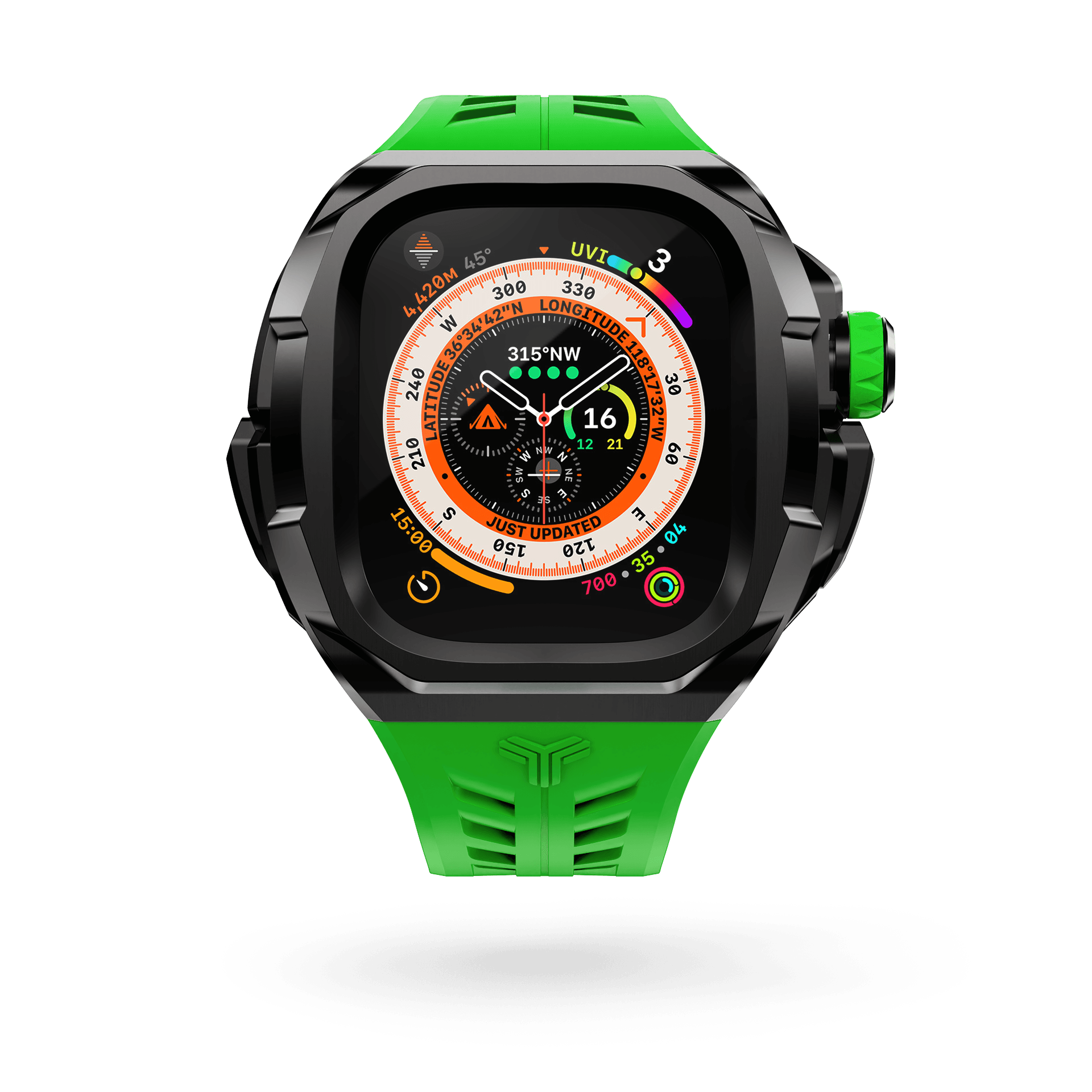 Y24 Pigalle Apple Watch Ultra Case. The image showcases the vibrant green strap gracefully intertwining with the sleek black bezel, exemplifying the perfect blend of vibrancy and sophistication.