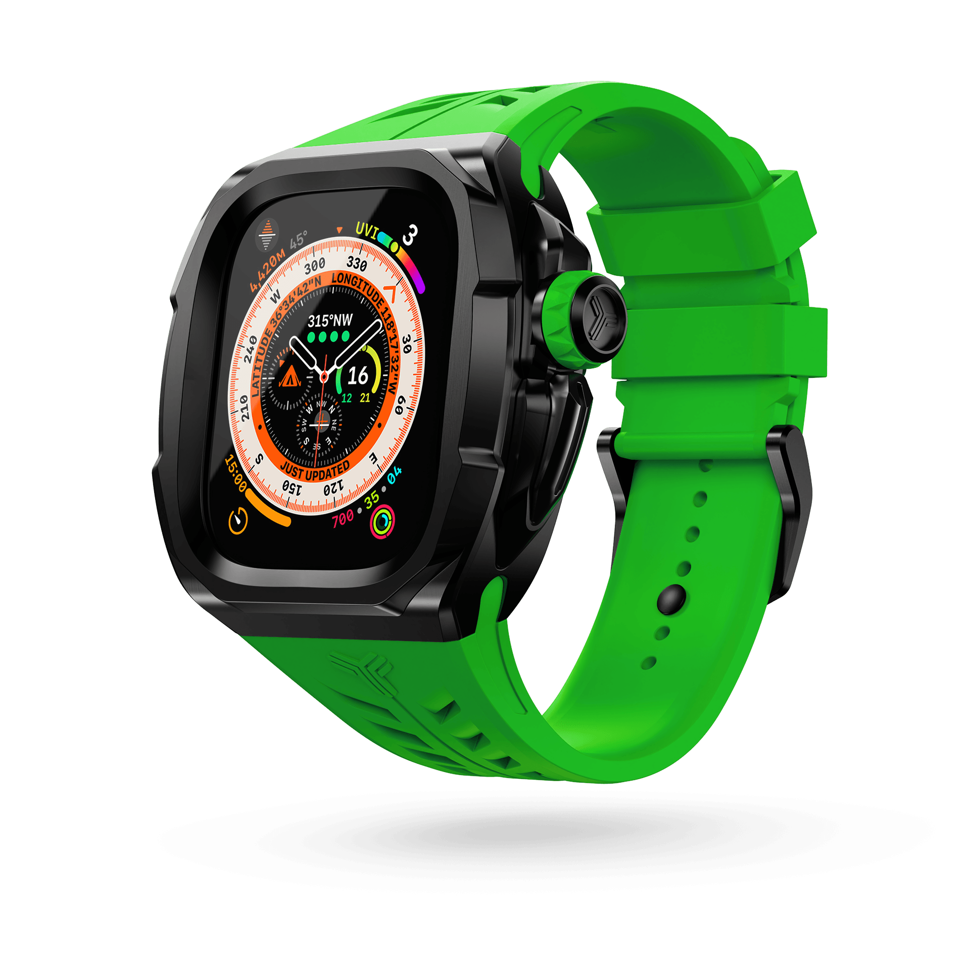 Y24 Pigalle Apple Watch Ultra Case. The image showcases the vibrant green strap gracefully intertwining with the sleek black bezel, exemplifying the perfect blend of vibrancy and sophistication.