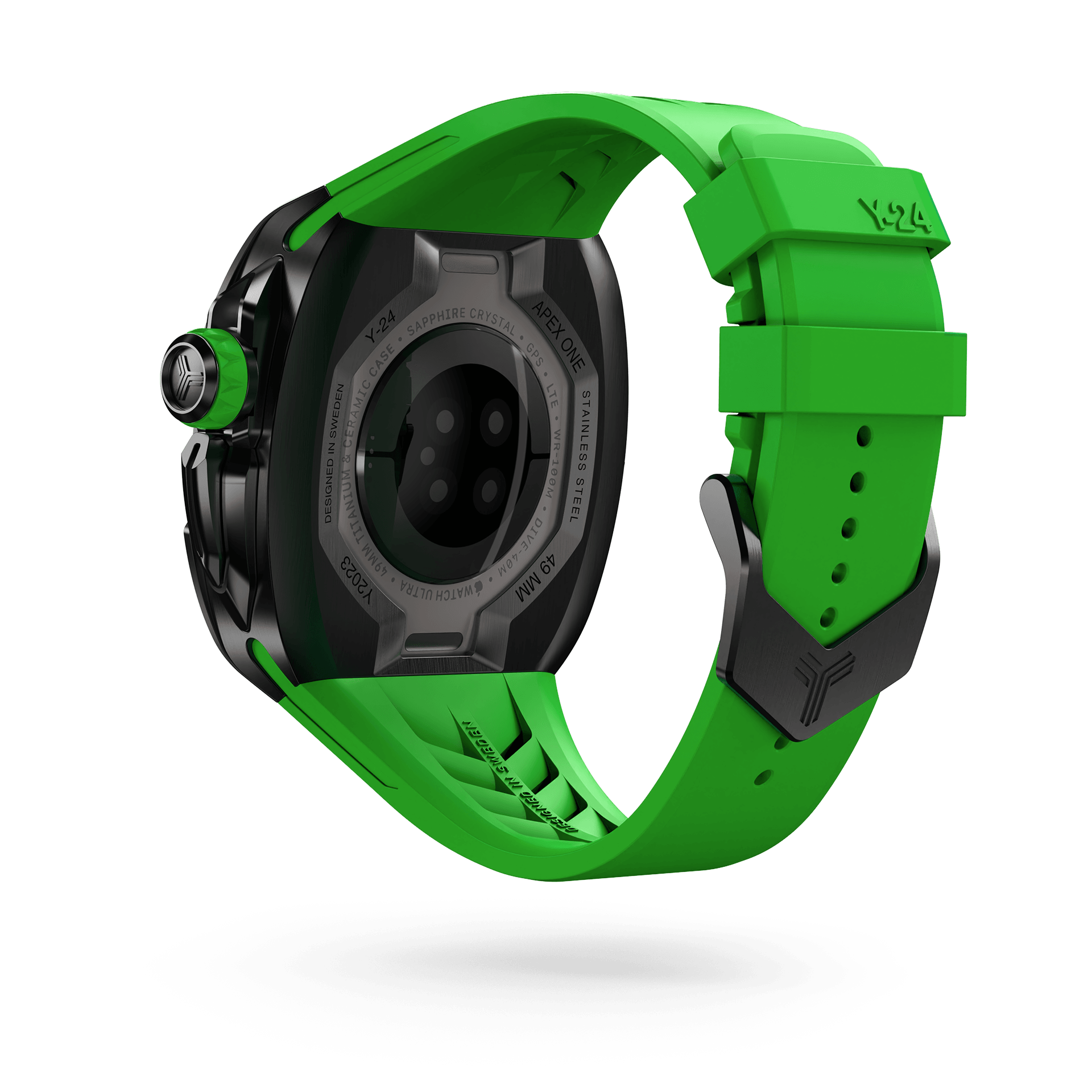 Y24 Pigalle Apple Watch Ultra Case. The image showcases the vibrant green strap gracefully intertwining with the sleek black bezel, exemplifying the perfect blend of vibrancy and sophistication.