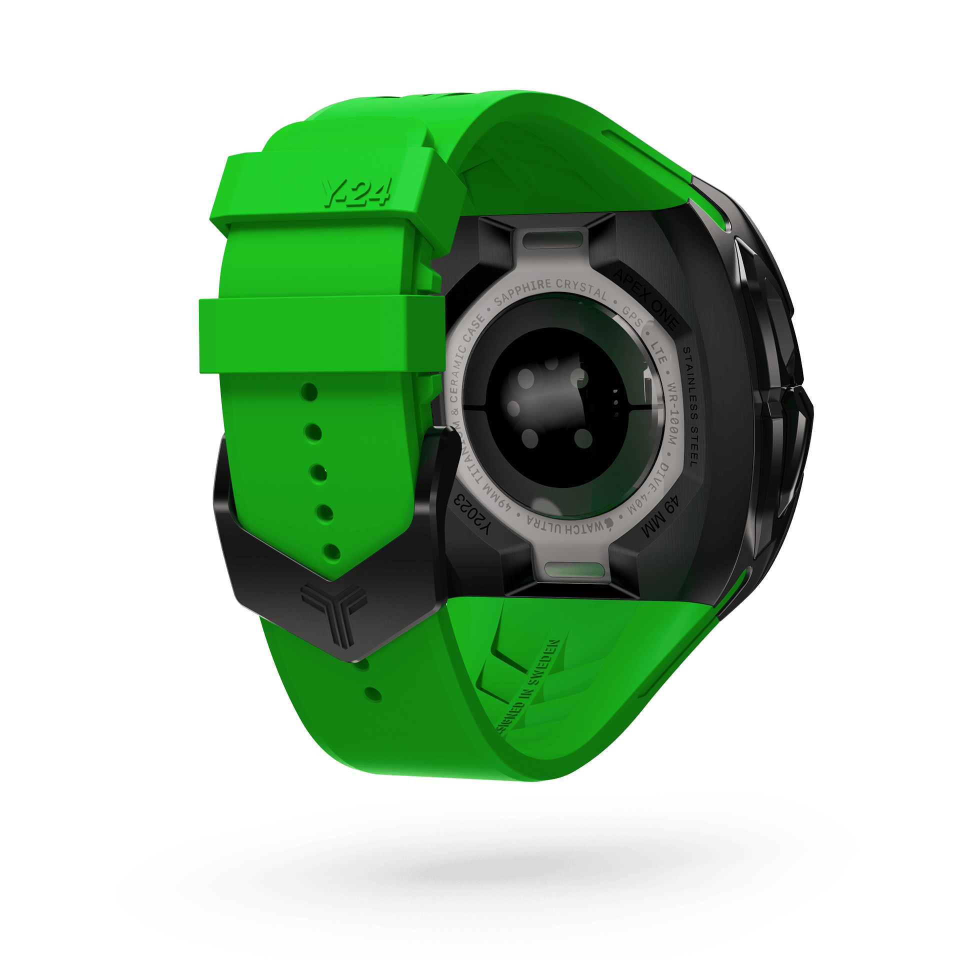 Y24 Pigalle Apple Watch Ultra Case. The image showcases the vibrant green strap gracefully intertwining with the sleek black bezel, exemplifying the perfect blend of vibrancy and sophistication.