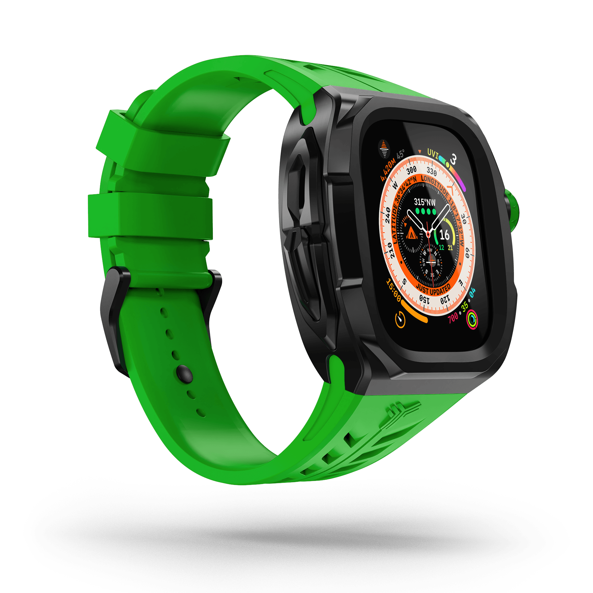 Y24 Pigalle Apple Watch Ultra Case. The image showcases the vibrant green strap gracefully intertwining with the sleek black bezel, exemplifying the perfect blend of vibrancy and sophistication.