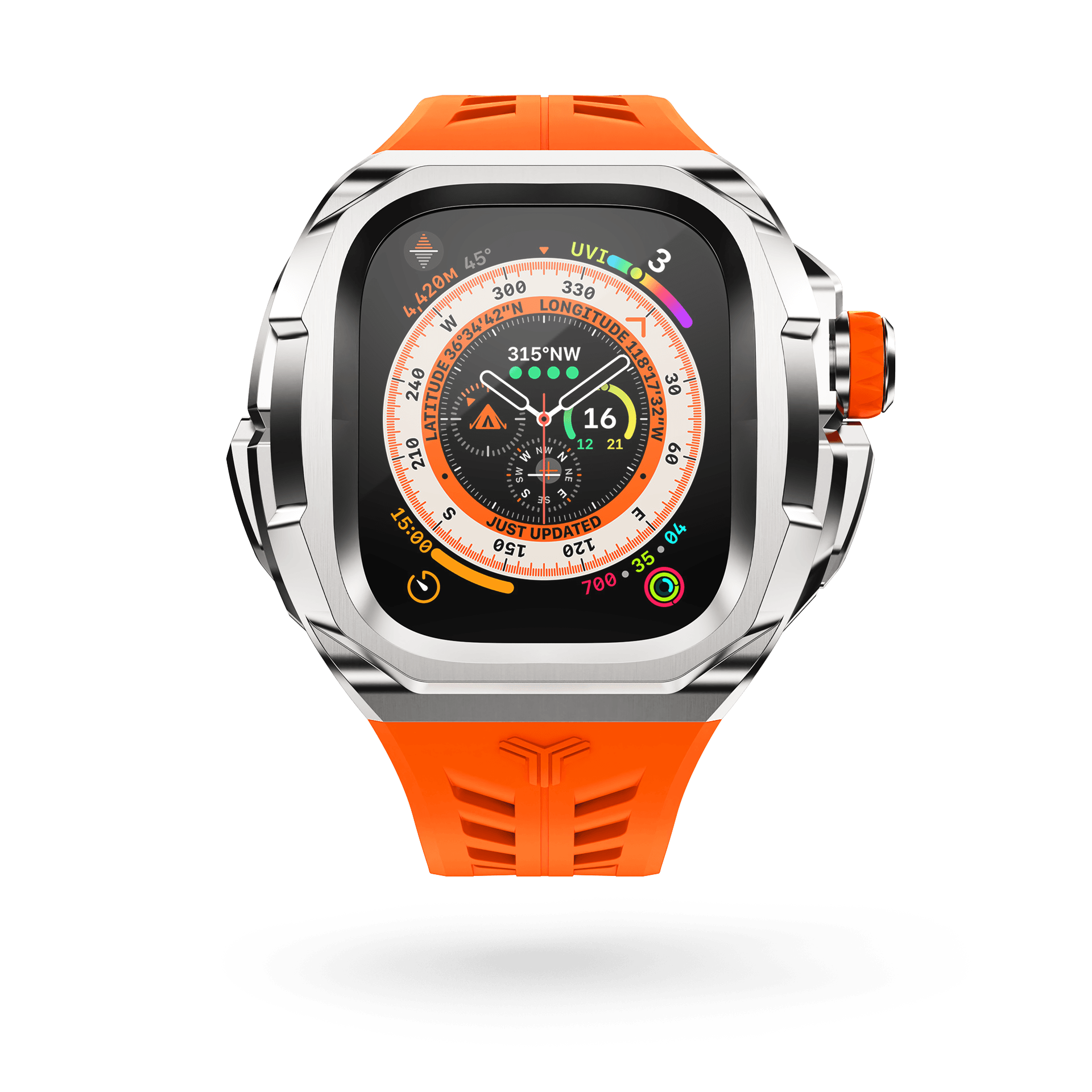 Y24 Shibuya 49mm Apple Watch Ultra Case. The image features a vibrant warning orange strap beautifully complemented by a sleek stainless steel bezel.