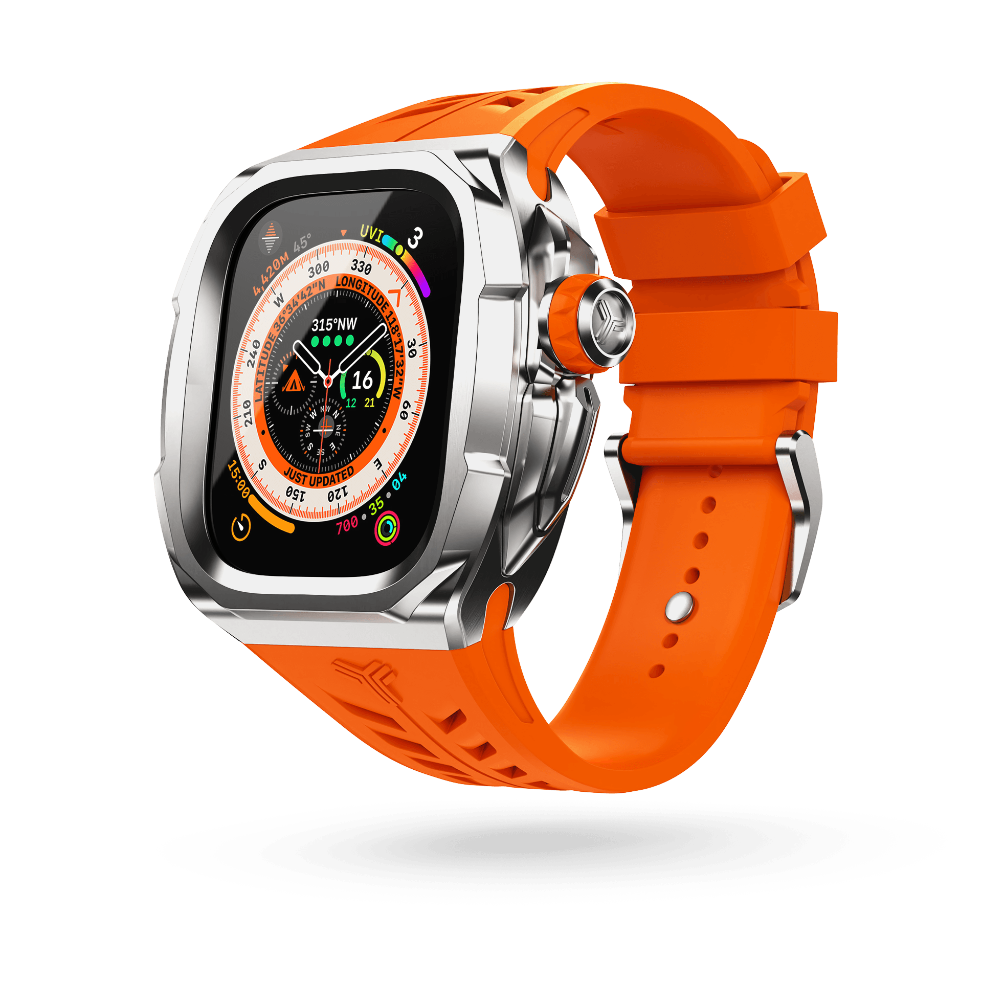 Y24 Shibuya 49mm Apple Watch Ultra Case. The image features a vibrant warning orange strap beautifully complemented by a sleek stainless steel bezel.