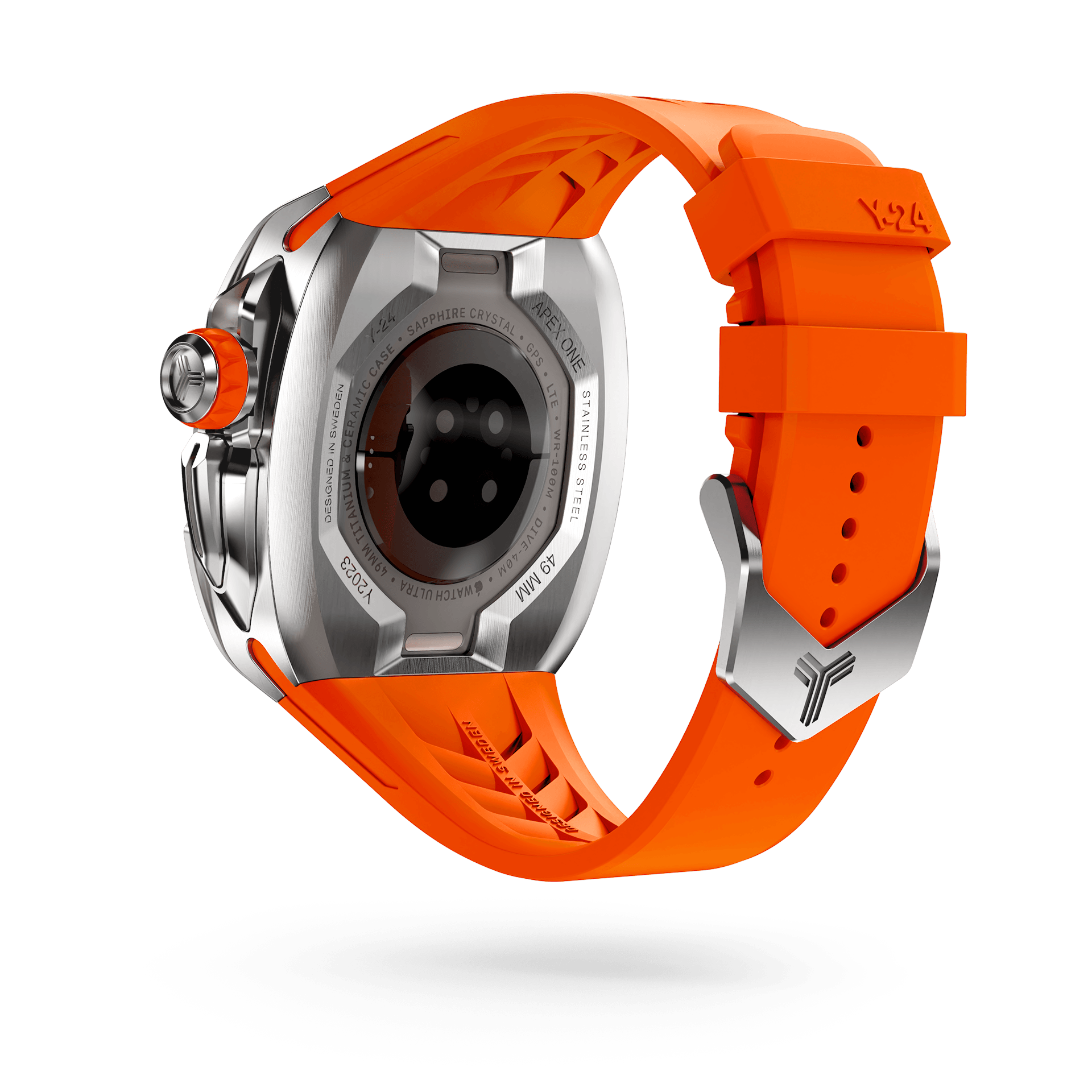 Y24 Shibuya 49mm Apple Watch Ultra Case. The image features a vibrant warning orange strap beautifully complemented by a sleek stainless steel bezel.