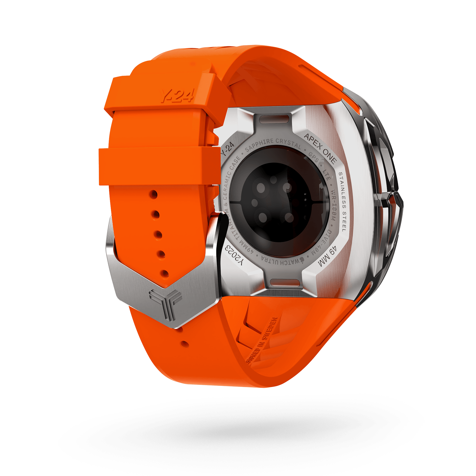 Y24 Shibuya 49mm Apple Watch Ultra Case. The image features a vibrant warning orange strap beautifully complemented by a sleek stainless steel bezel.