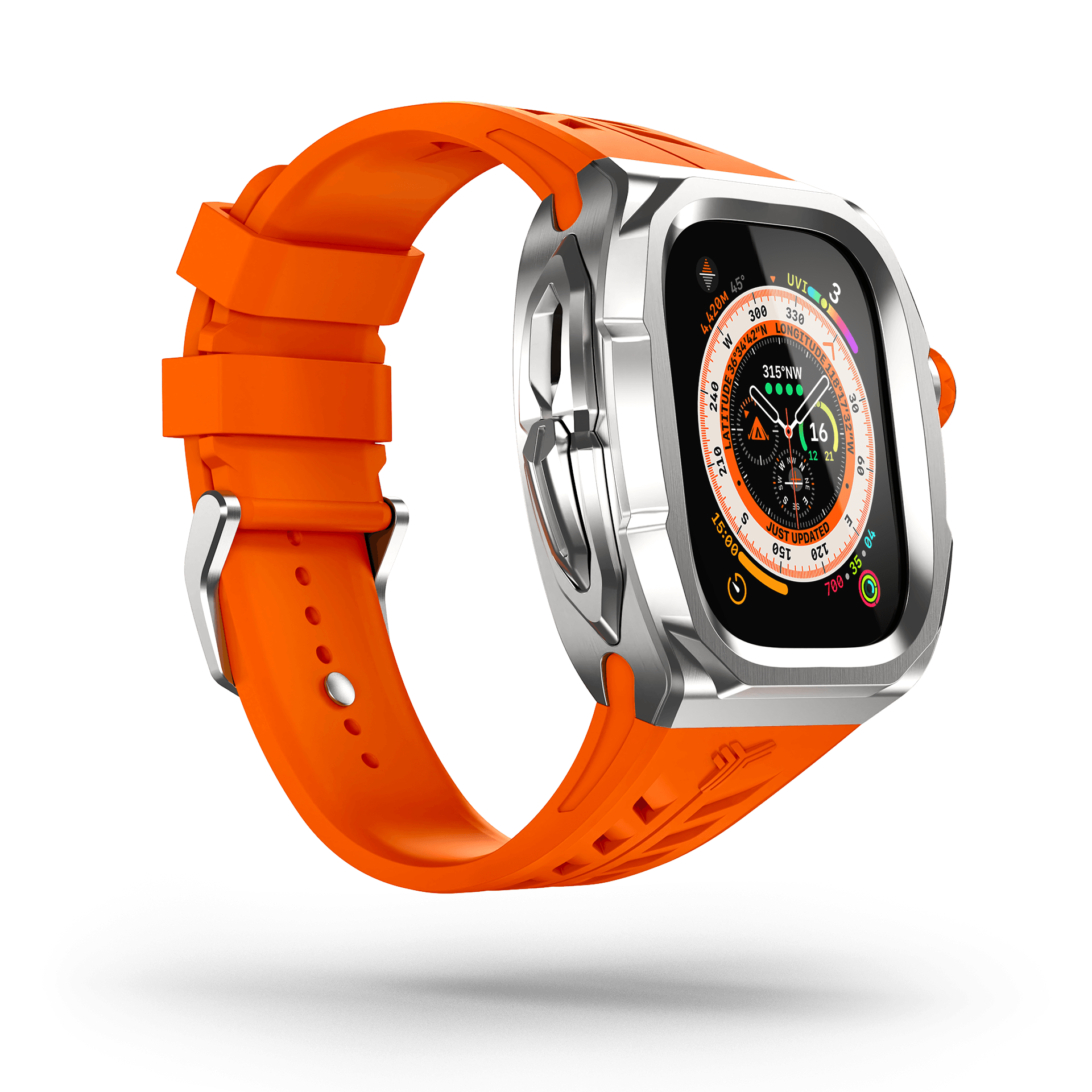 Y24 Shibuya 49mm Apple Watch Ultra Case. The image features a vibrant warning orange strap beautifully complemented by a sleek stainless steel bezel.