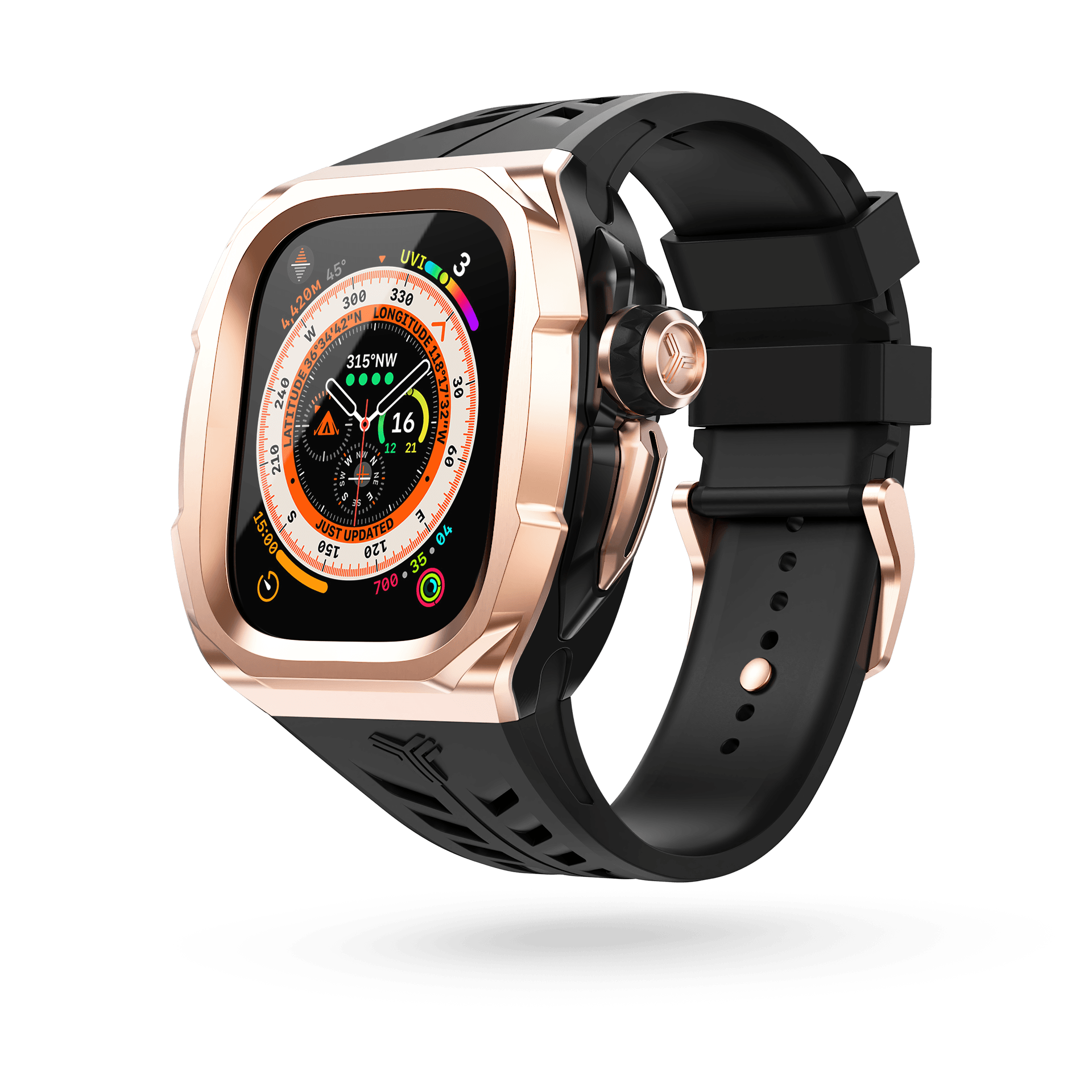 Y24 Söder Apple Watch Ultra Case - 49mm. Meticulously crafted from high-quality 316L stainless steel, this exceptional case boasts intricate rose gold detailing