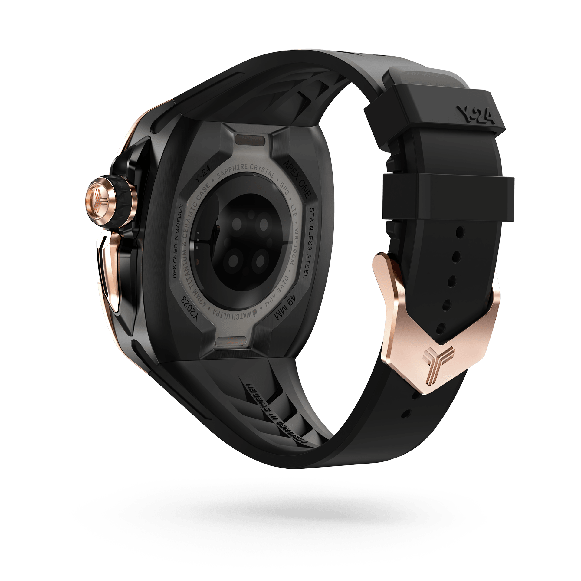 Y24 Söder Apple Watch Ultra Case - 49mm. Meticulously crafted from high-quality 316L stainless steel, this exceptional case boasts intricate rose gold detailing