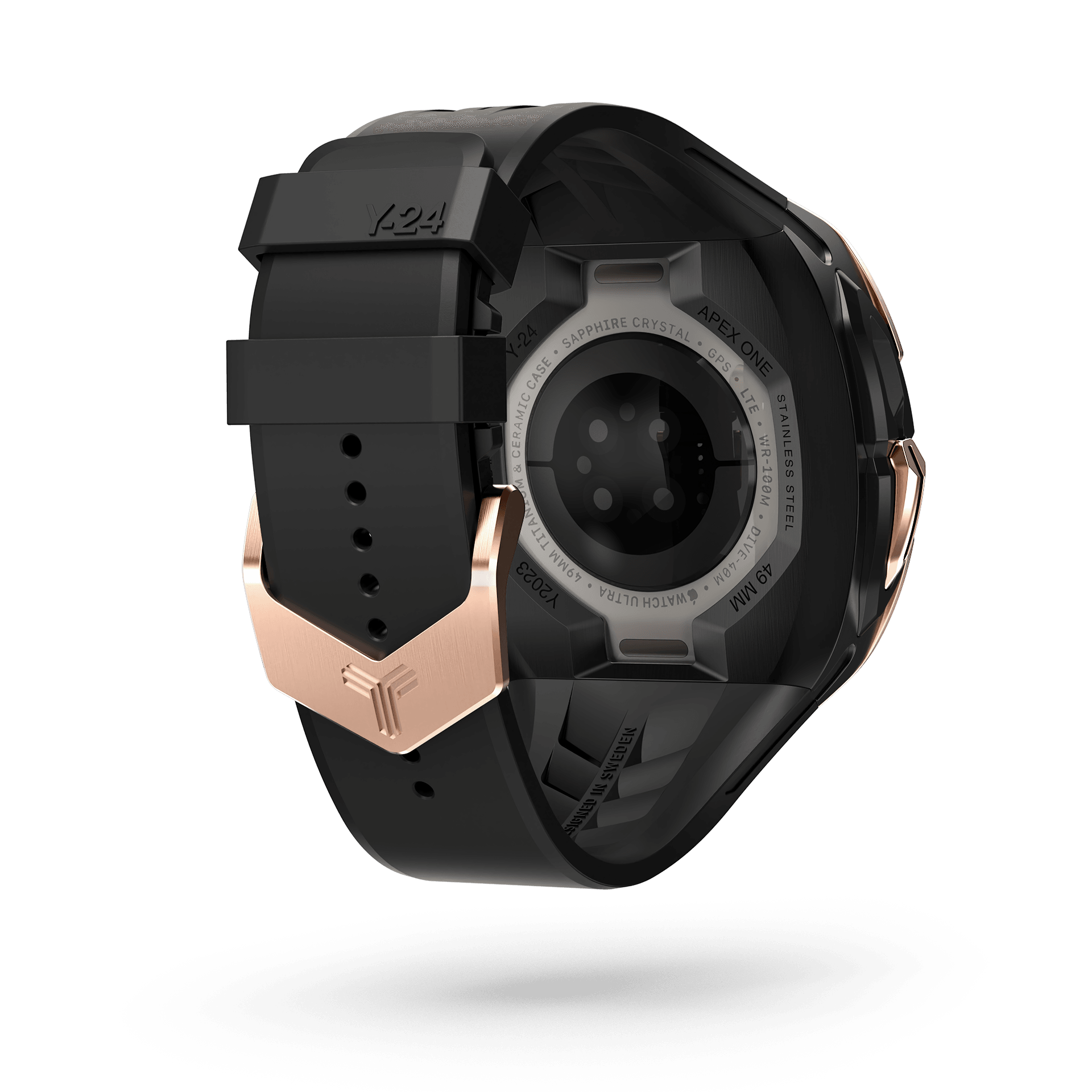 Y24 Söder Apple Watch Ultra Case - 49mm. Meticulously crafted from high-quality 316L stainless steel, this exceptional case boasts intricate rose gold detailing