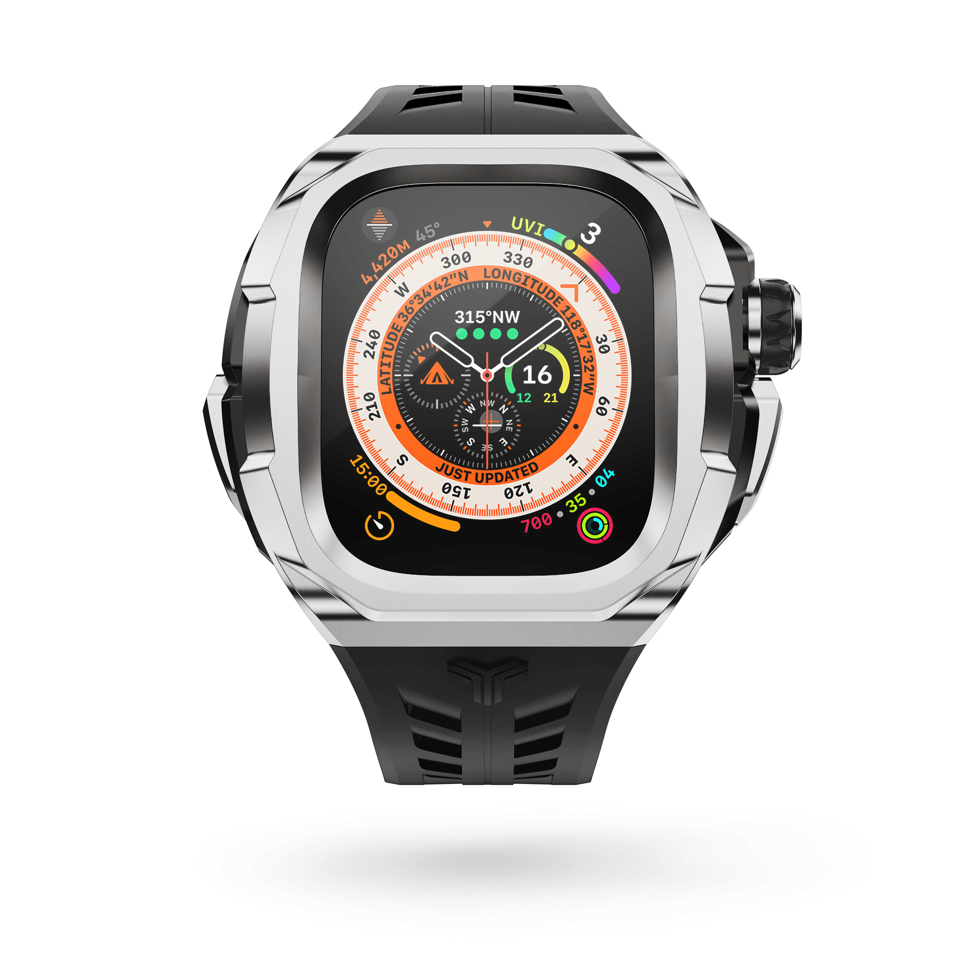 Upgrade your Apple Watch Ultra with the sleek and sophisticated Xinyi Apple Watch Case - 49mm. This exceptional case features a striking silver bezel that exudes elegance, perfectly complemented by a jet black strap.