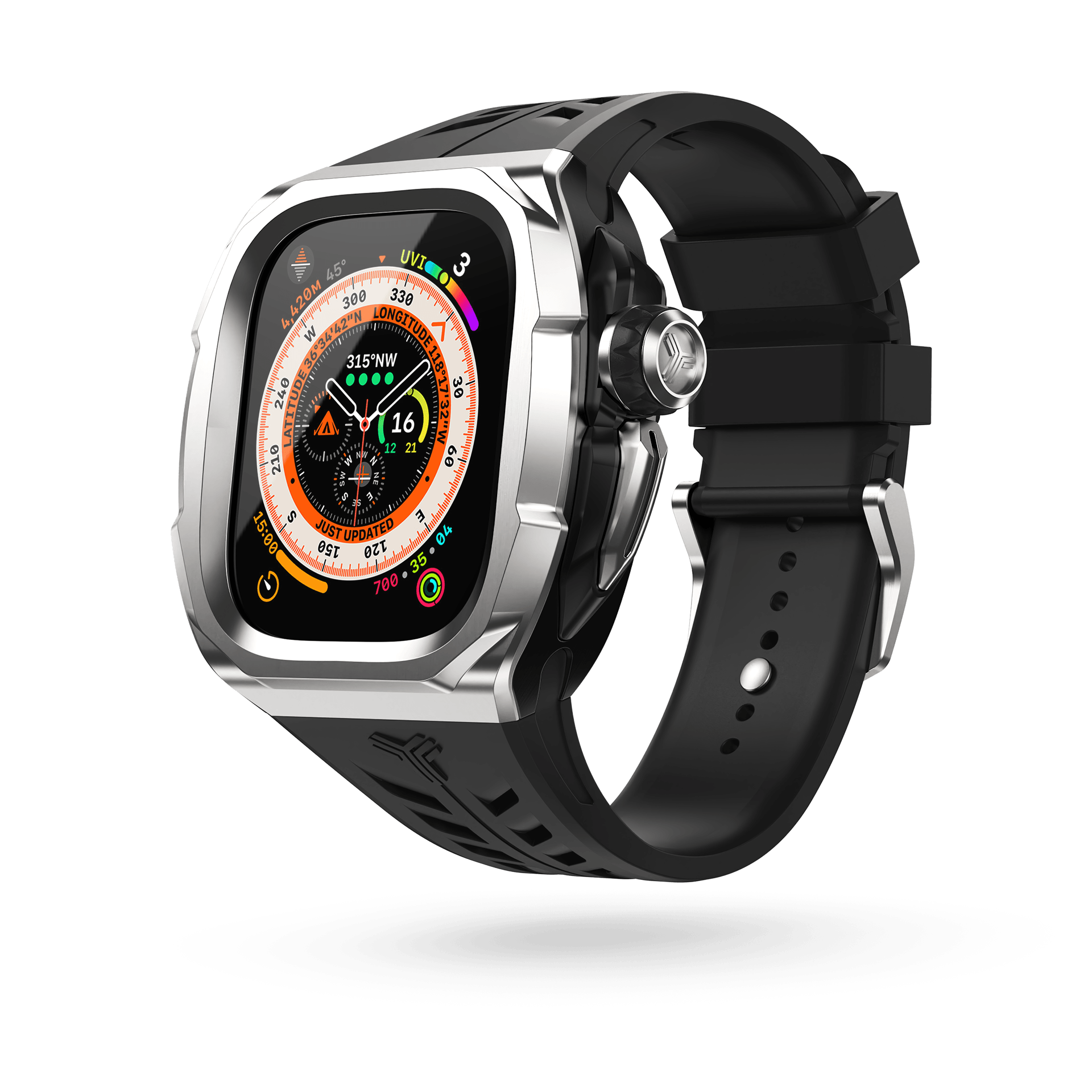 Upgrade your Apple Watch Ultra with the sleek and sophisticated Xinyi Apple Watch Case - 49mm. This exceptional case features a striking silver bezel that exudes elegance, perfectly complemented by a jet black strap.