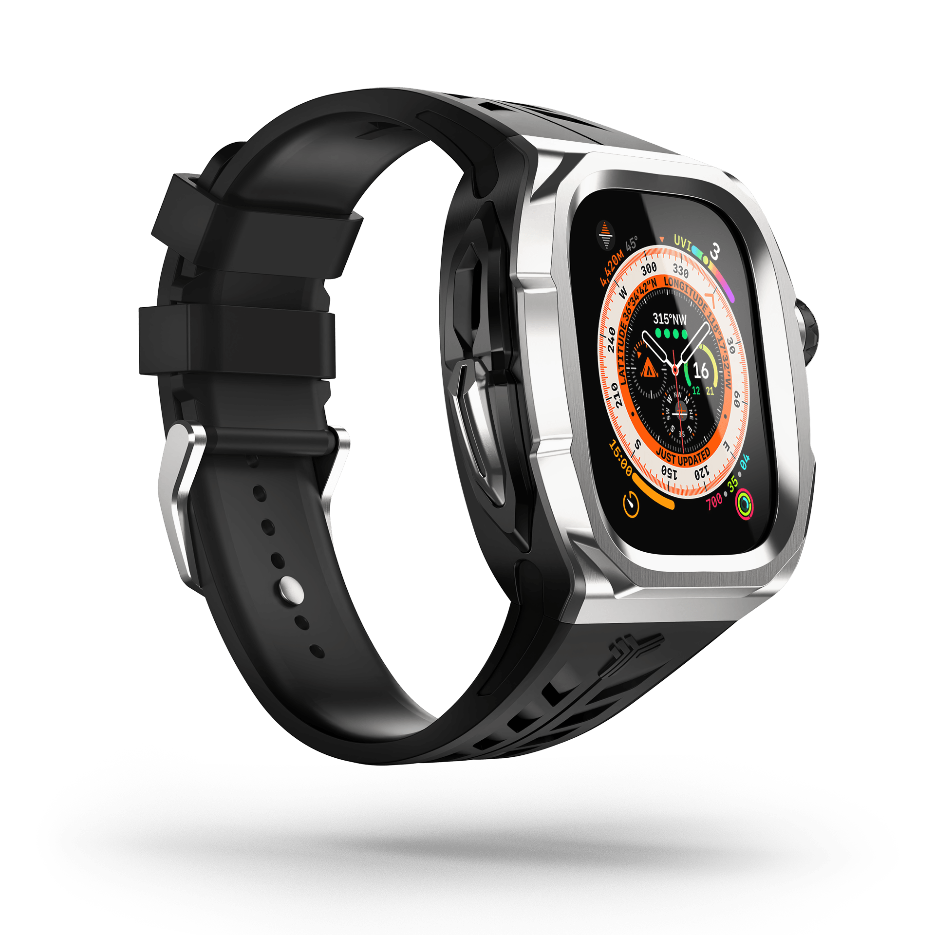 Upgrade your Apple Watch Ultra with the sleek and sophisticated Xinyi Apple Watch Case - 49mm. This exceptional case features a striking silver bezel that exudes elegance, perfectly complemented by a jet black strap.
