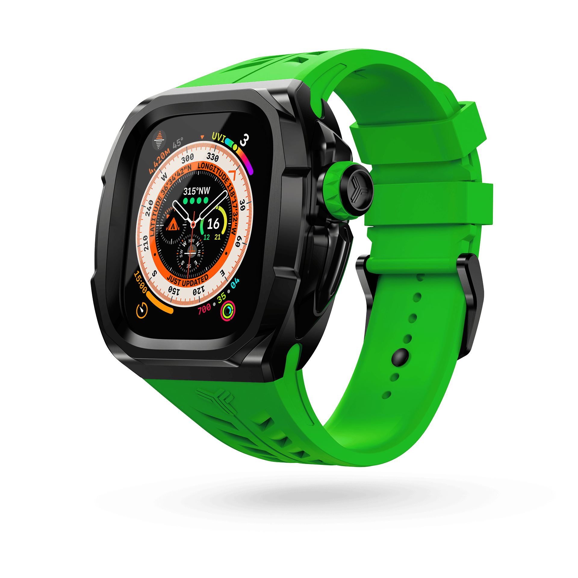 Y24 Pigalle Apple Watch Ultra Case. The image showcases the vibrant green strap gracefully intertwining with the sleek black bezel, exemplifying the perfect blend of vibrancy and sophistication. 