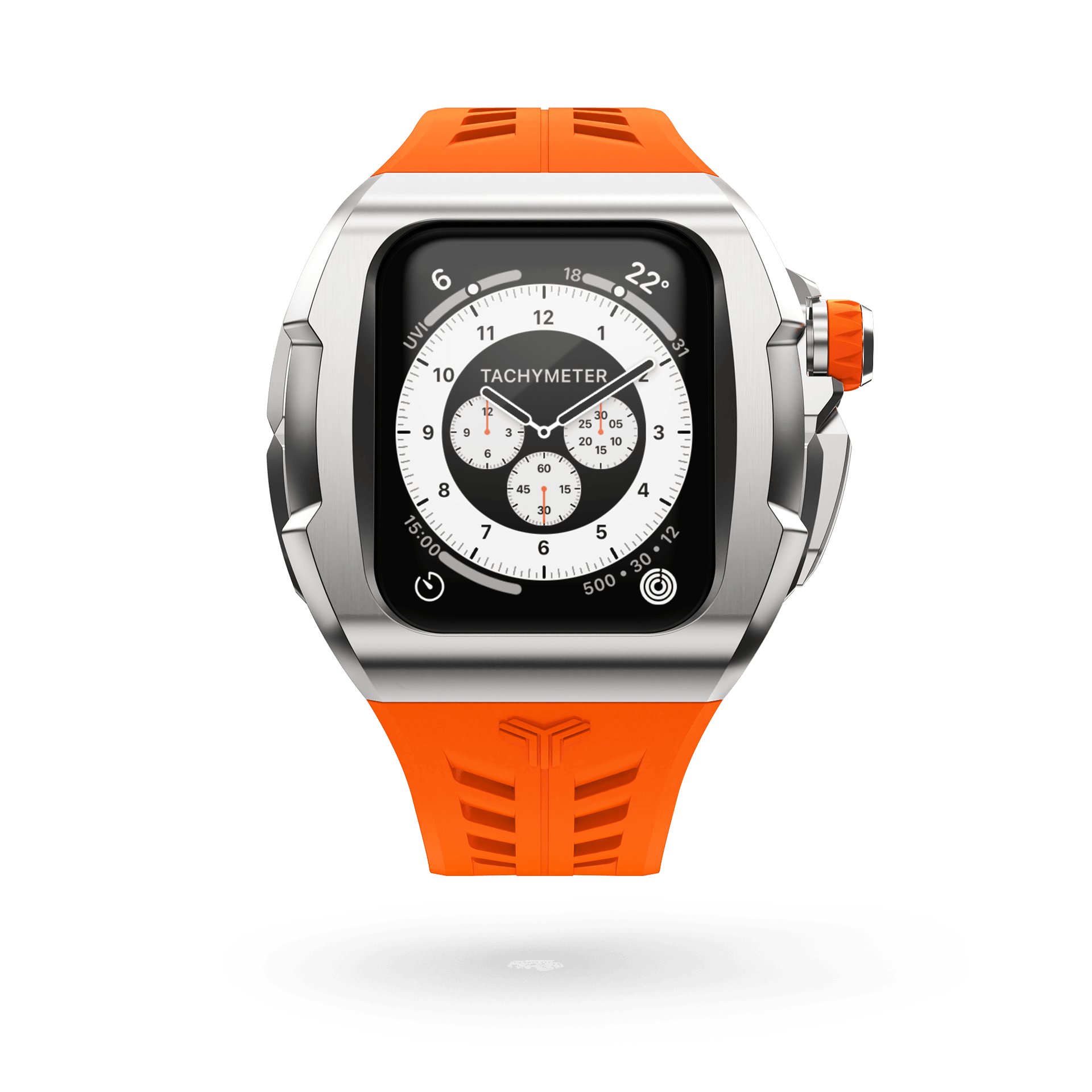 Discover the essence of style and innovation with the Y24 Shibuya Apple Watch Case - 45mm. A Stainless steel case combined with a vibrant orange strap.
